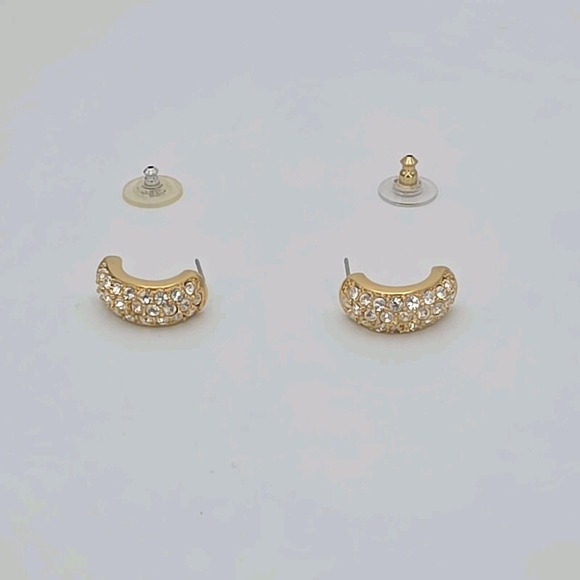 Vtg SWAROVSKI Signed ½ Hoop Earrings Pave Crystals Gold Plate Wide FREE $HIPPING